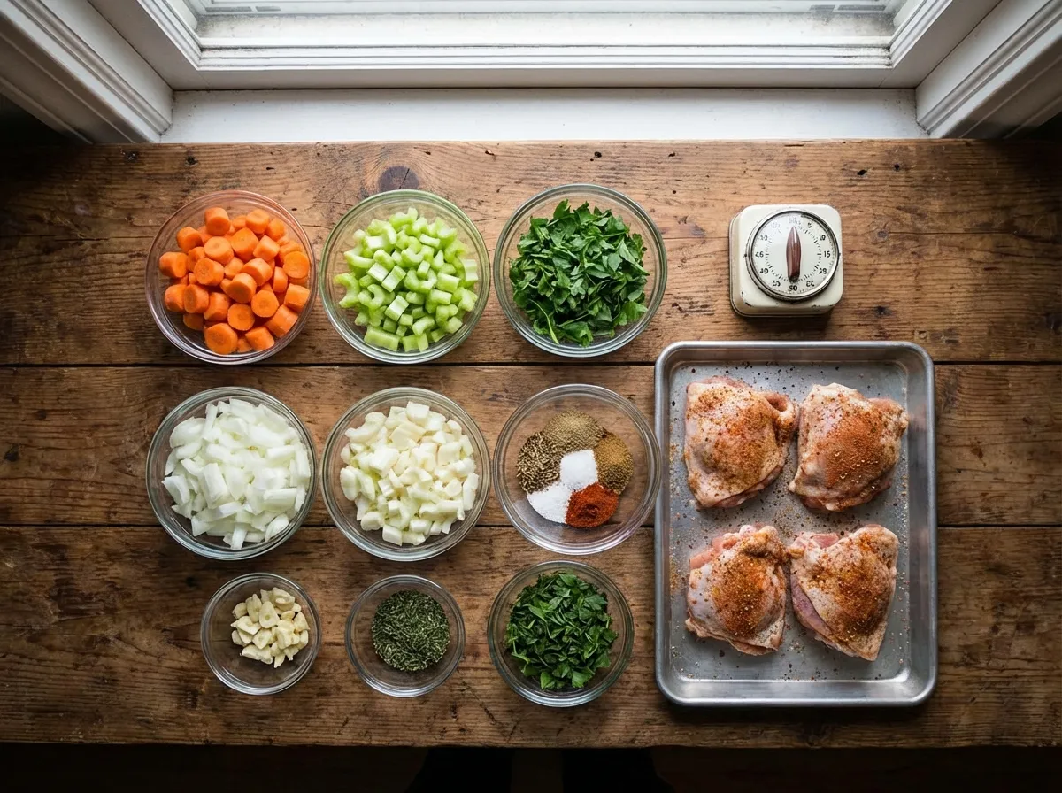 A clean kitchen counter with prep bowls, a timer set to 60:00, and a printed shopping list.