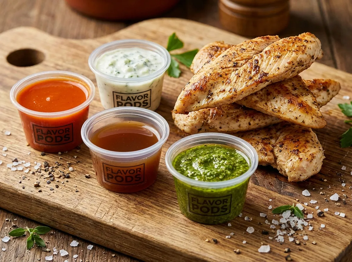Five small sauce containers with different colored sauces next to neutral grilled chicken pieces.