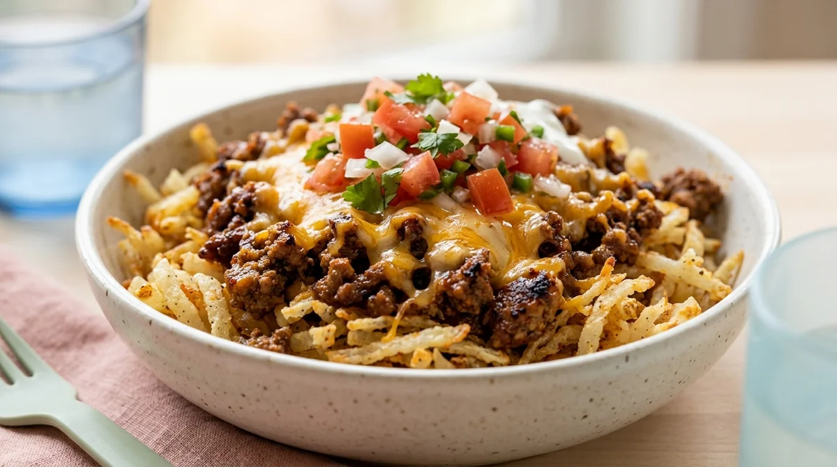 Quick Protein Loaded Potato Taco Bowl with Ground Beef