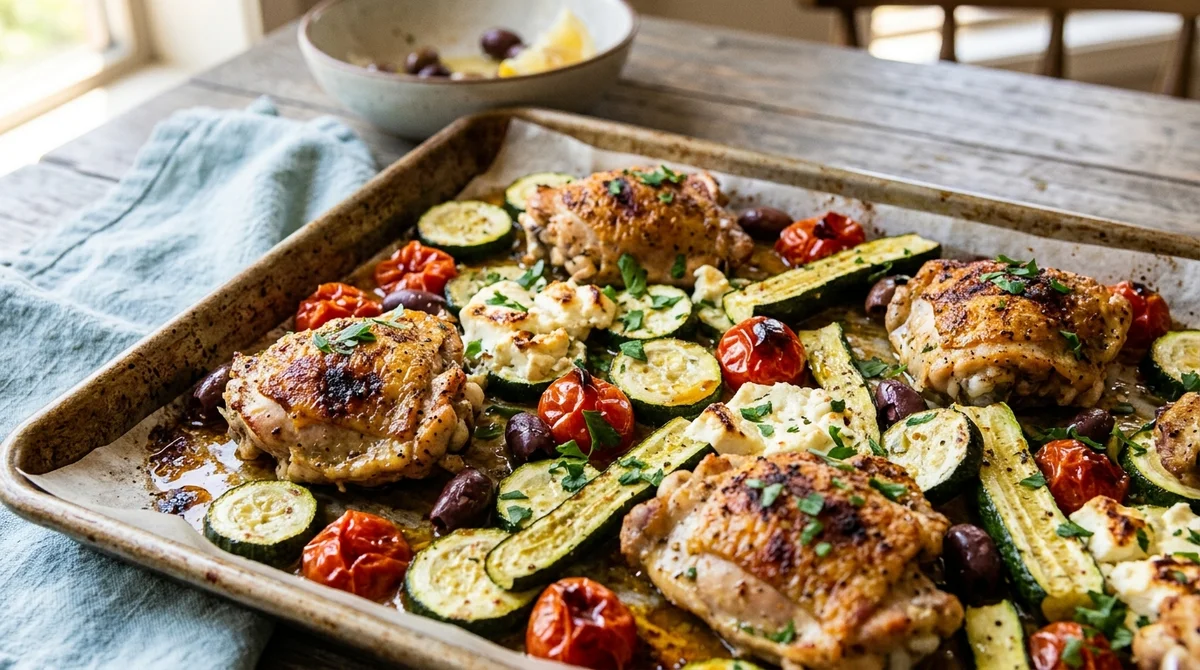 30-Minute High-Protein Sheet Pan Mediterranean Chicken & Zucchini
