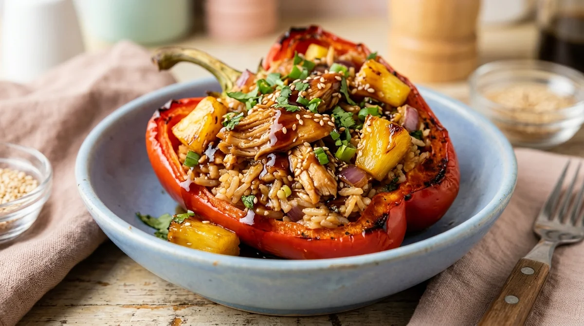 Pantry Staple Teriyaki Pineapple Chicken Stuffed Peppers – Easy High-Protein Dinner