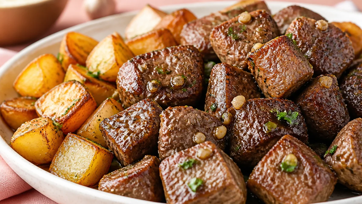 The best Garlic Steak Bites and Potatoes Recipe