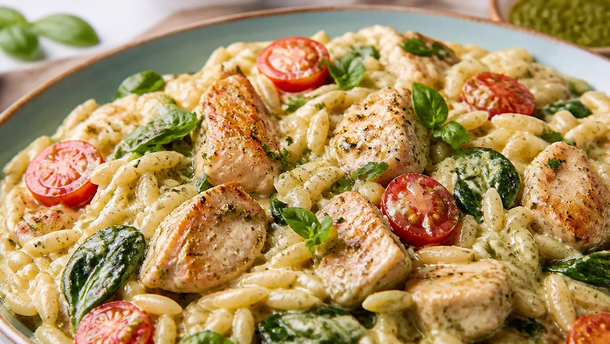 Creamy Chicken Orzo with Spinach, Cherry Tomatoes, and Basil Pesto.