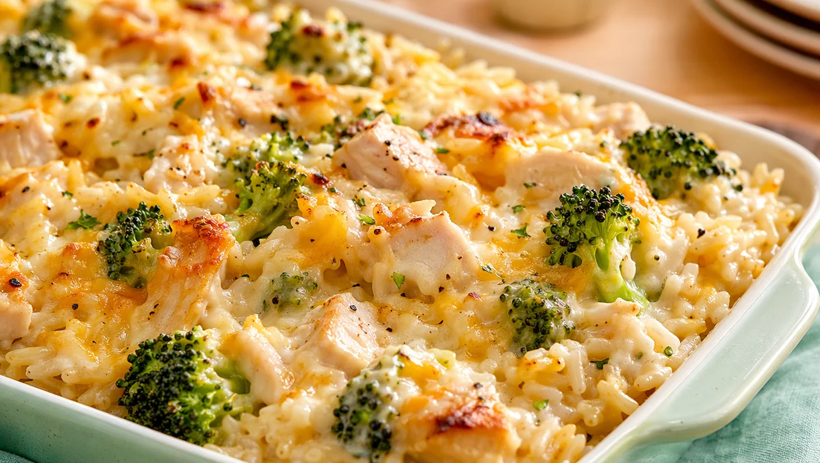 High-Protein Creamy Chicken Broccoli Rice Casserole