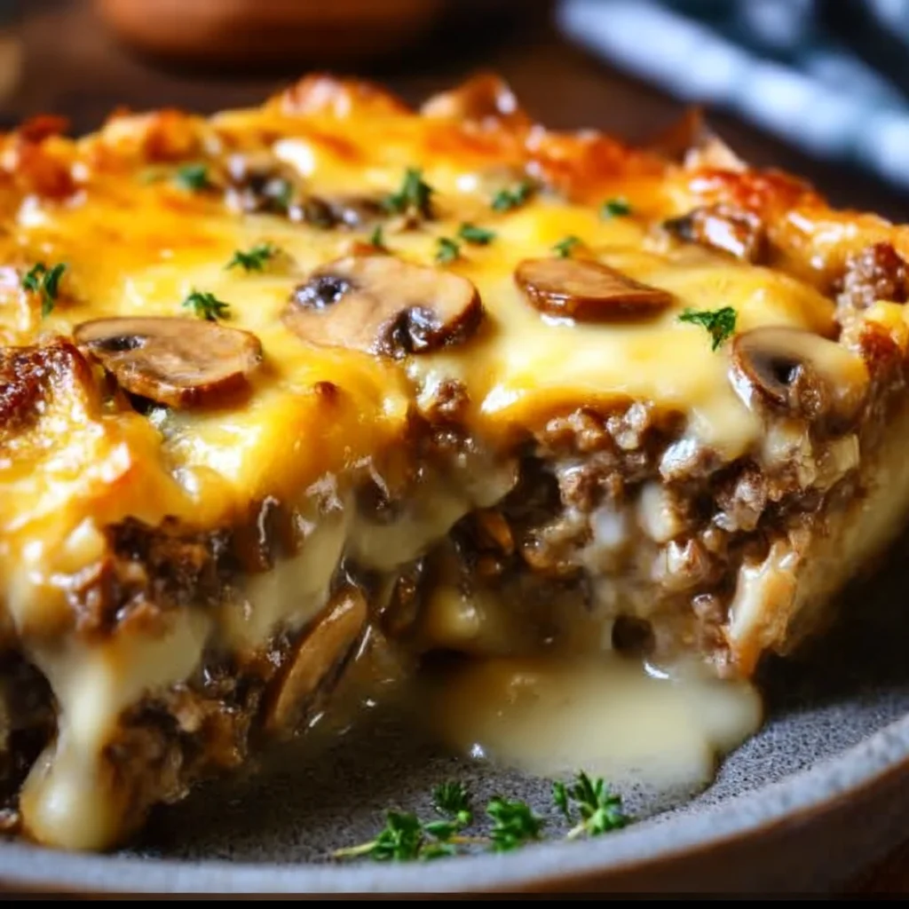 Cottage Cheese Mushroom Swiss Burger Casserole